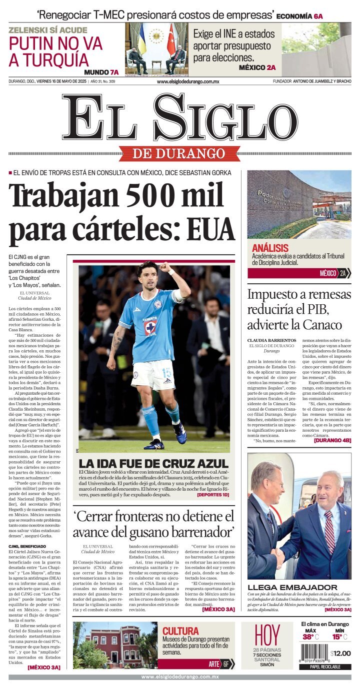 El Siglo de Durango, edición del viernes 16 de mayo de 2025 El Siglo de Durango, edición del viernes 16 de mayo de 2025