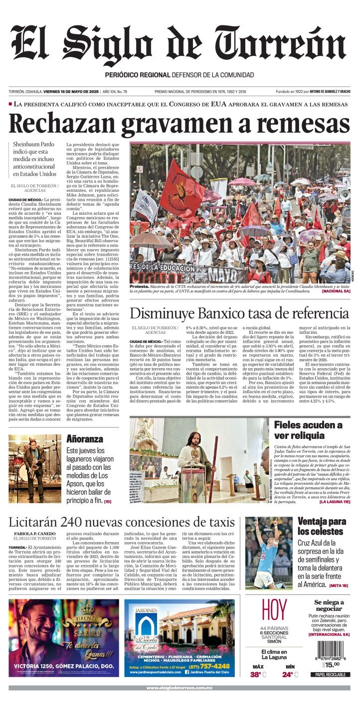 El Siglo de Torreón, edición del viernes 16 de mayo de 2025 El Siglo de Torreón, edición del viernes 16 de mayo de 2025