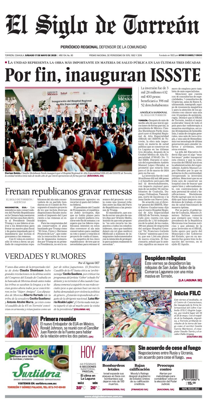 El Siglo de Torreón, edición del sábado 17 de mayo de 2025 El Siglo de Torreón, edición del sábado 17 de mayo de 2025