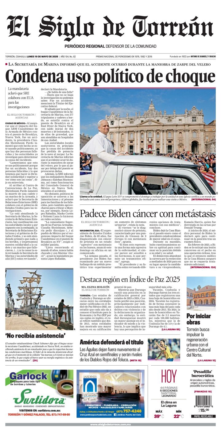 El Siglo de Torreón, edición del lunes 19 de mayo de 2025 El Siglo de Torreón, edición del lunes 19 de mayo de 2025