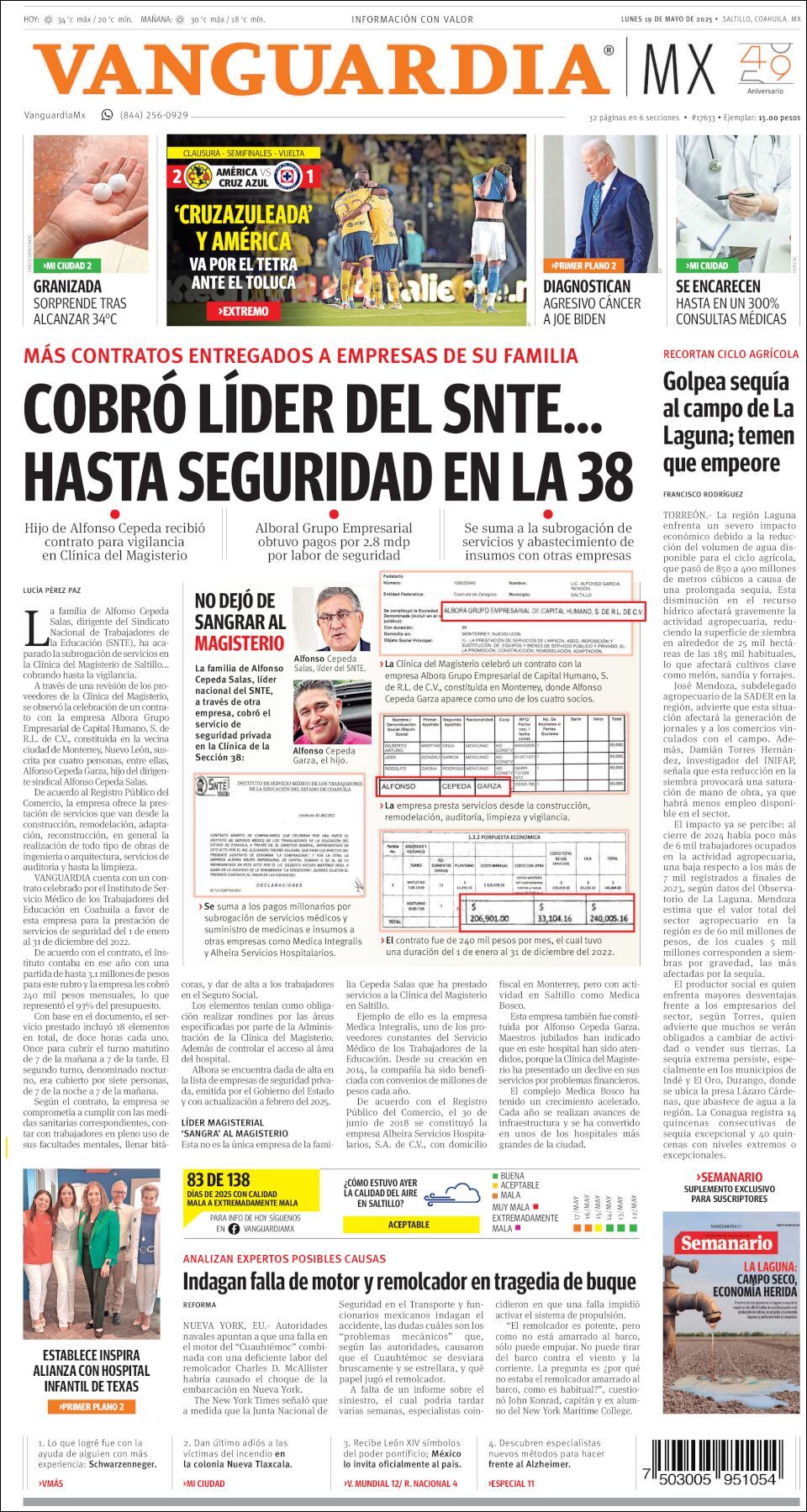 Vanguardia, edición del lunes 19 de mayo de 2025 Vanguardia, edición del lunes 19 de mayo de 2025