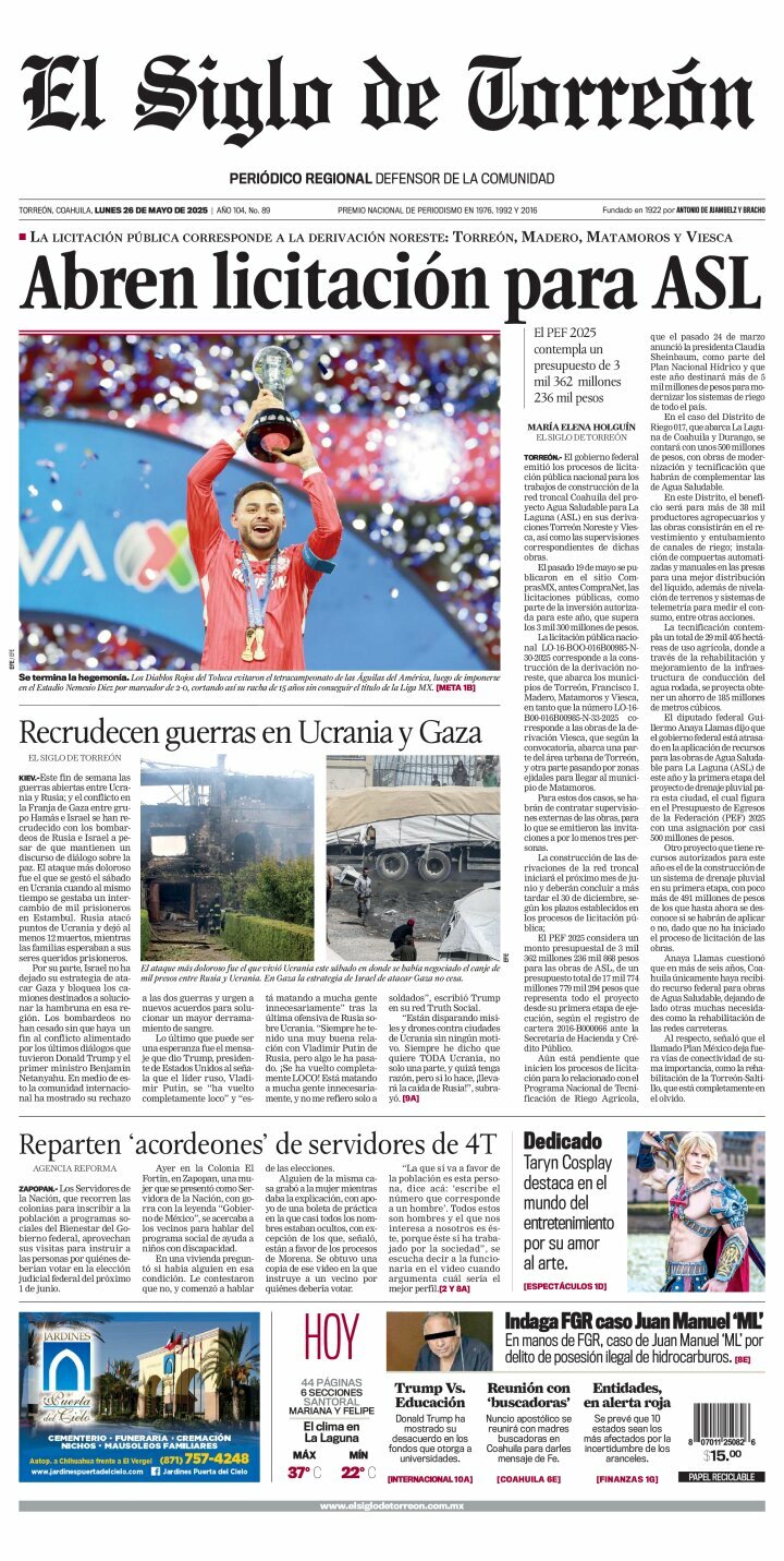 El Siglo de Torreón, edición del lunes 26 de mayo de 2025 El Siglo de Torreón, edición del lunes 26 de mayo de 2025