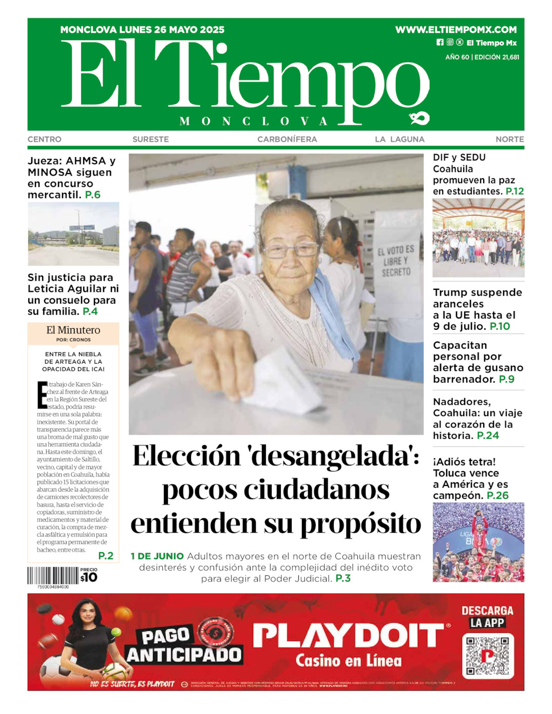El Tiempo Monclova, edición del lunes 26 de mayo de 2025 El Tiempo Monclova, edición del lunes 26 de mayo de 2025
