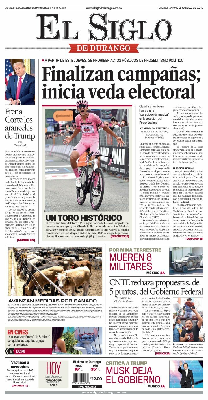 El Siglo de Durango, edición del jueves 29 de mayo de 2025 El Siglo de Durango, edición del jueves 29 de mayo de 2025