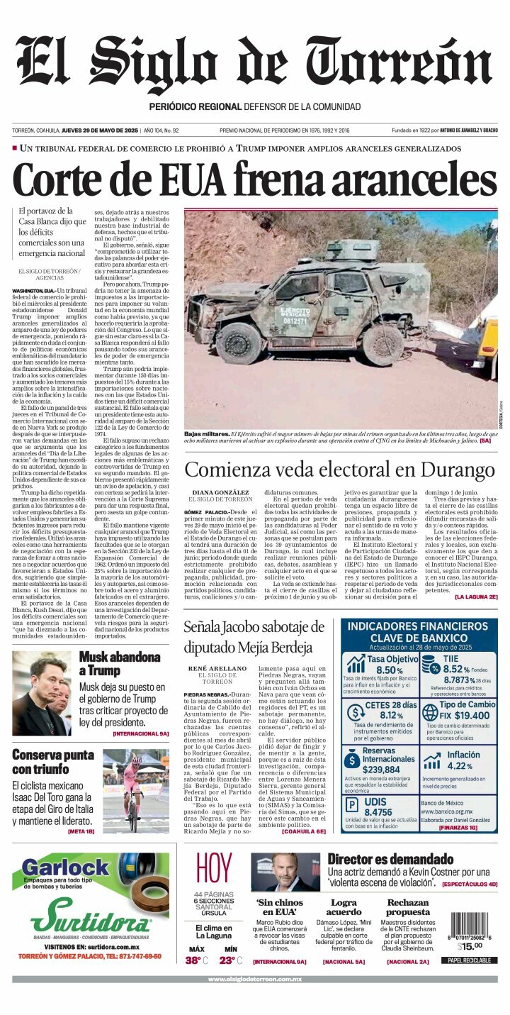 El Siglo de Torreón, edición del jueves 29 de mayo de 2025 El Siglo de Torreón, edición del jueves 29 de mayo de 2025
