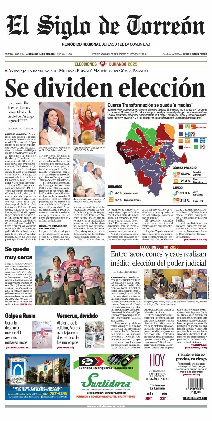 El Siglo de Torreón, edición del lunes 02 de junio de 2025 El Siglo de Torreón, edición del lunes 02 de junio de 2025