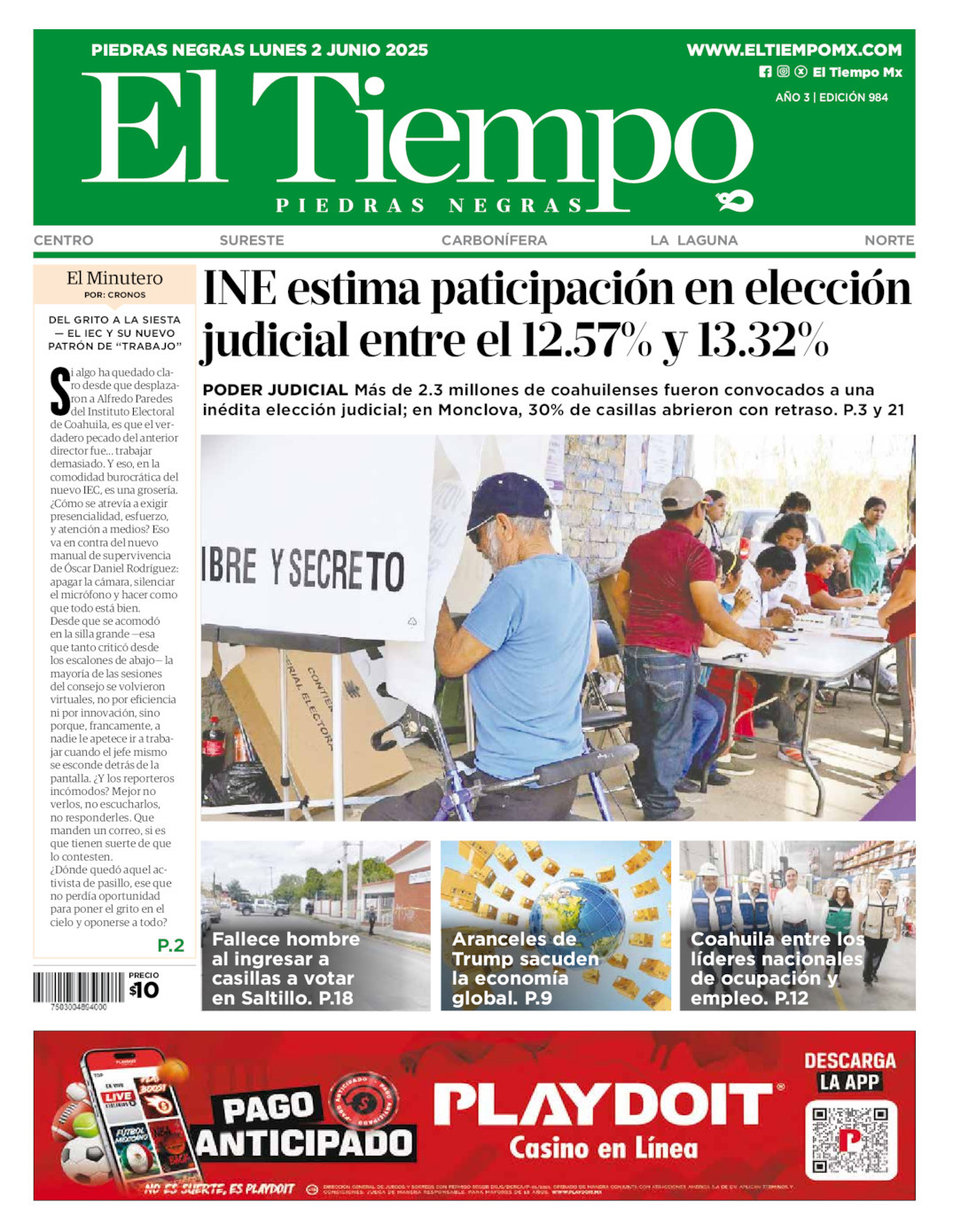 El Tiempo Piedras Negras, edición del lunes 02 de junio de 2025 El Tiempo Piedras Negras, edición del lunes 02 de junio de 2025