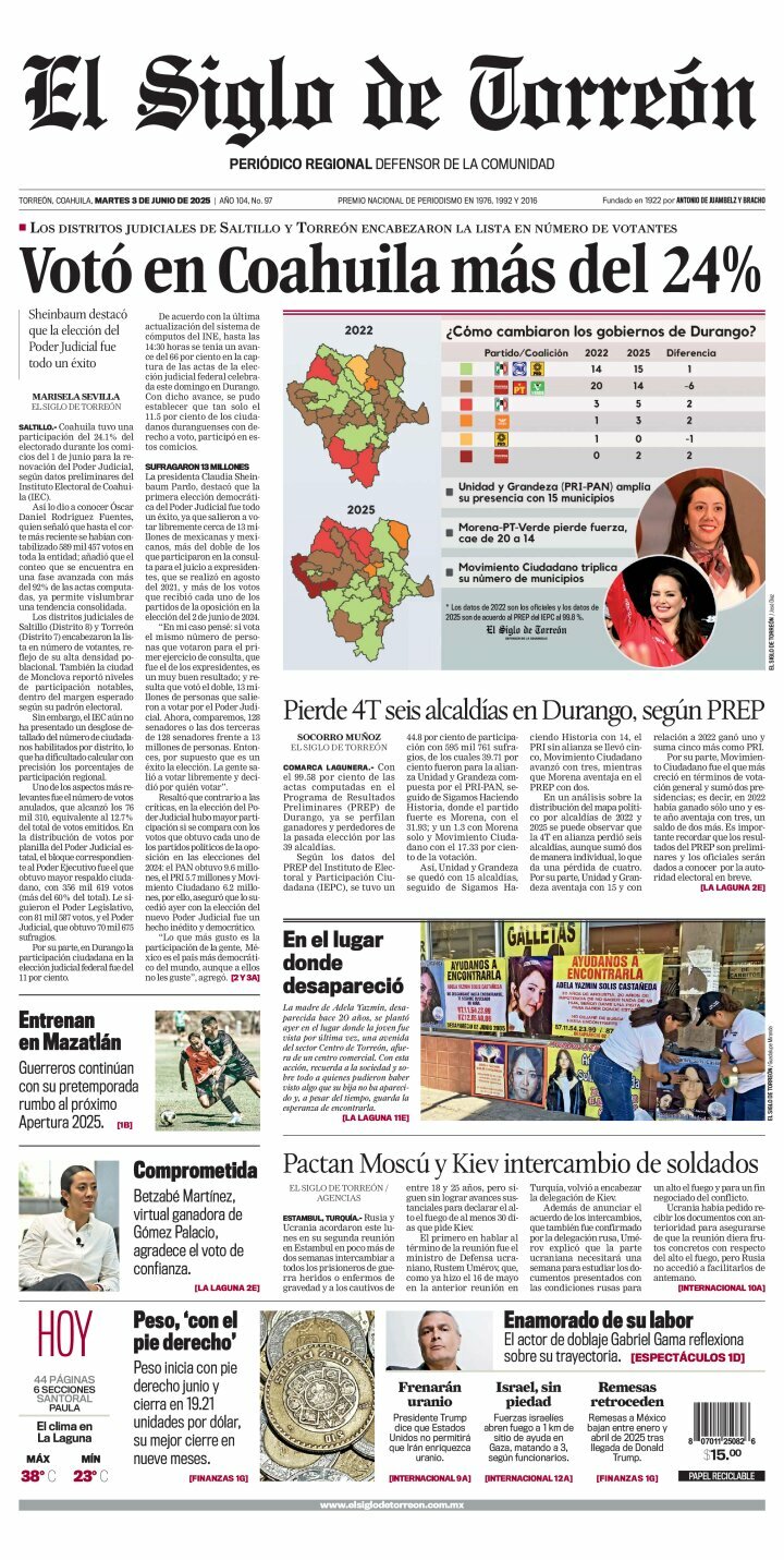 El Siglo de Torreón, edición del martes 03 de junio de 2025 El Siglo de Torreón, edición del martes 03 de junio de 2025