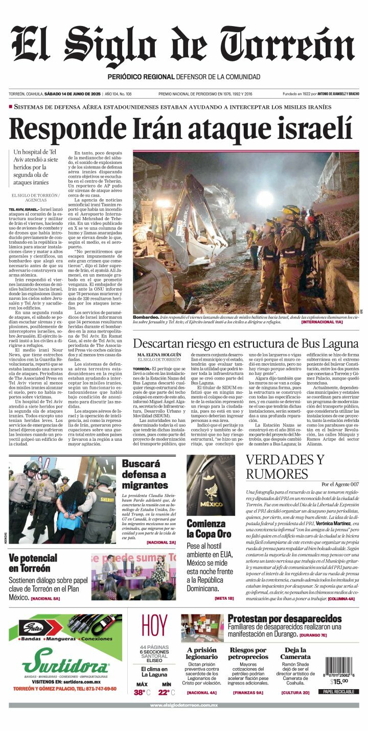 El Siglo de Torreón, edición del sábado 14 de junio de 2025 El Siglo de Torreón, edición del sábado 14 de junio de 2025