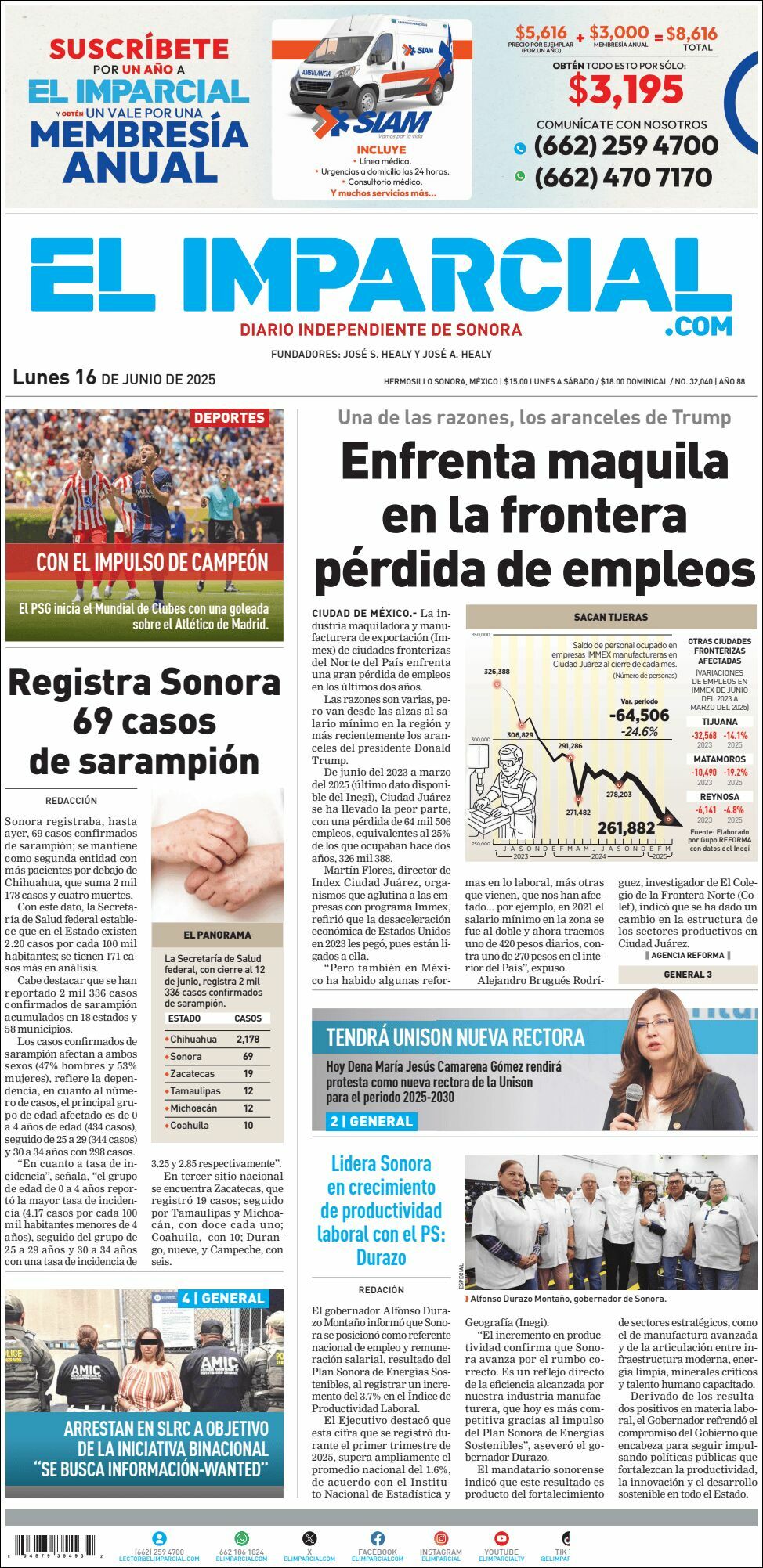 El Imparcial, edición del lunes 16 de junio de 2025 El Imparcial, edición del lunes 16 de junio de 2025