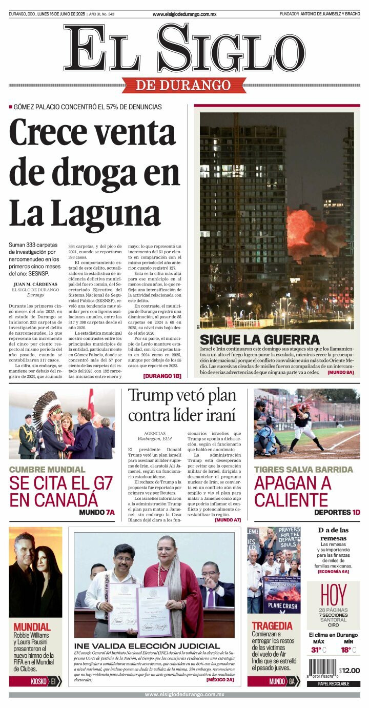 El Siglo de Durango, edición del lunes 16 de junio de 2025 El Siglo de Durango, edición del lunes 16 de junio de 2025