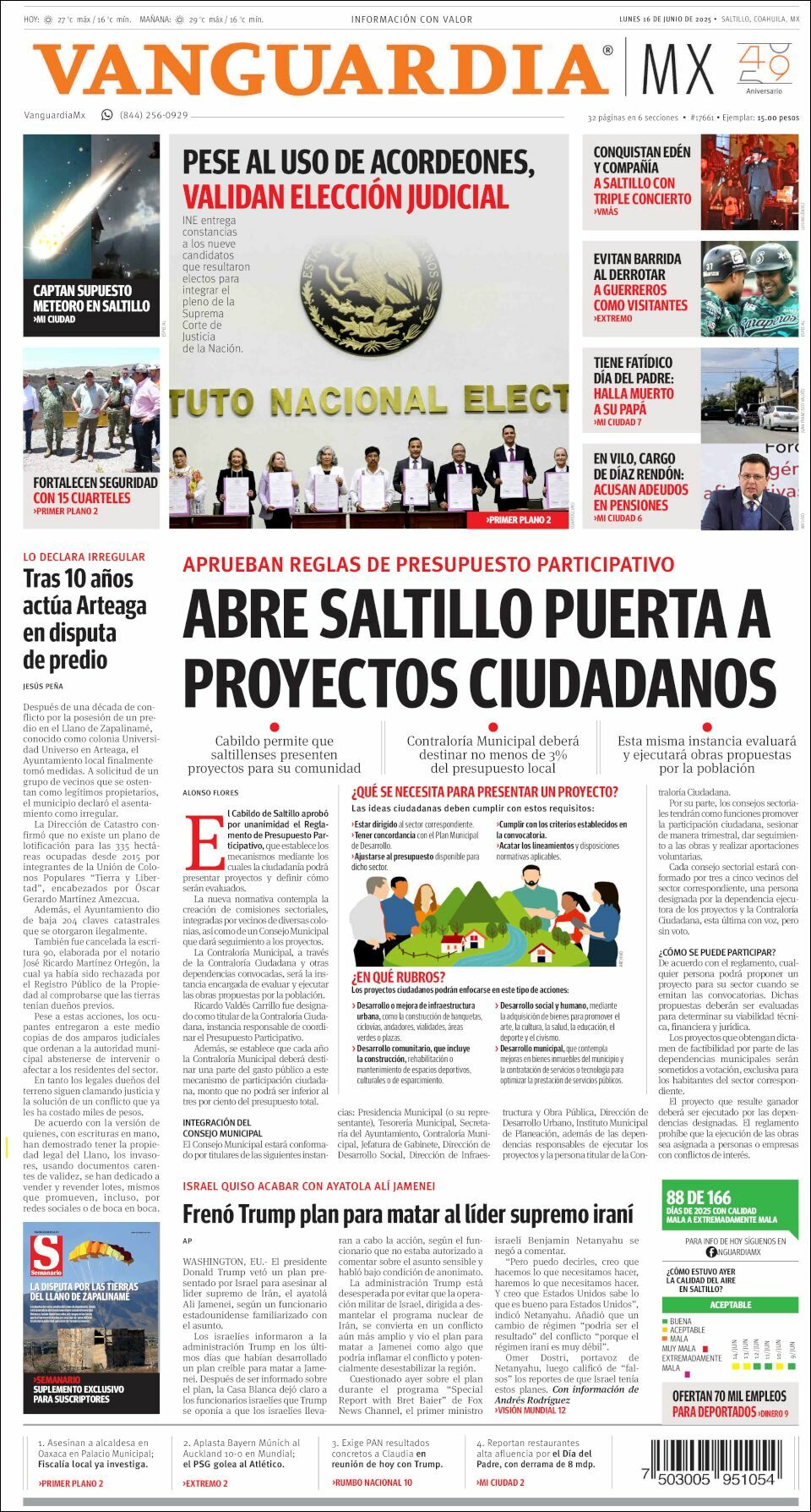 Vanguardia, edición del lunes 16 de junio de 2025 Vanguardia, edición del lunes 16 de junio de 2025
