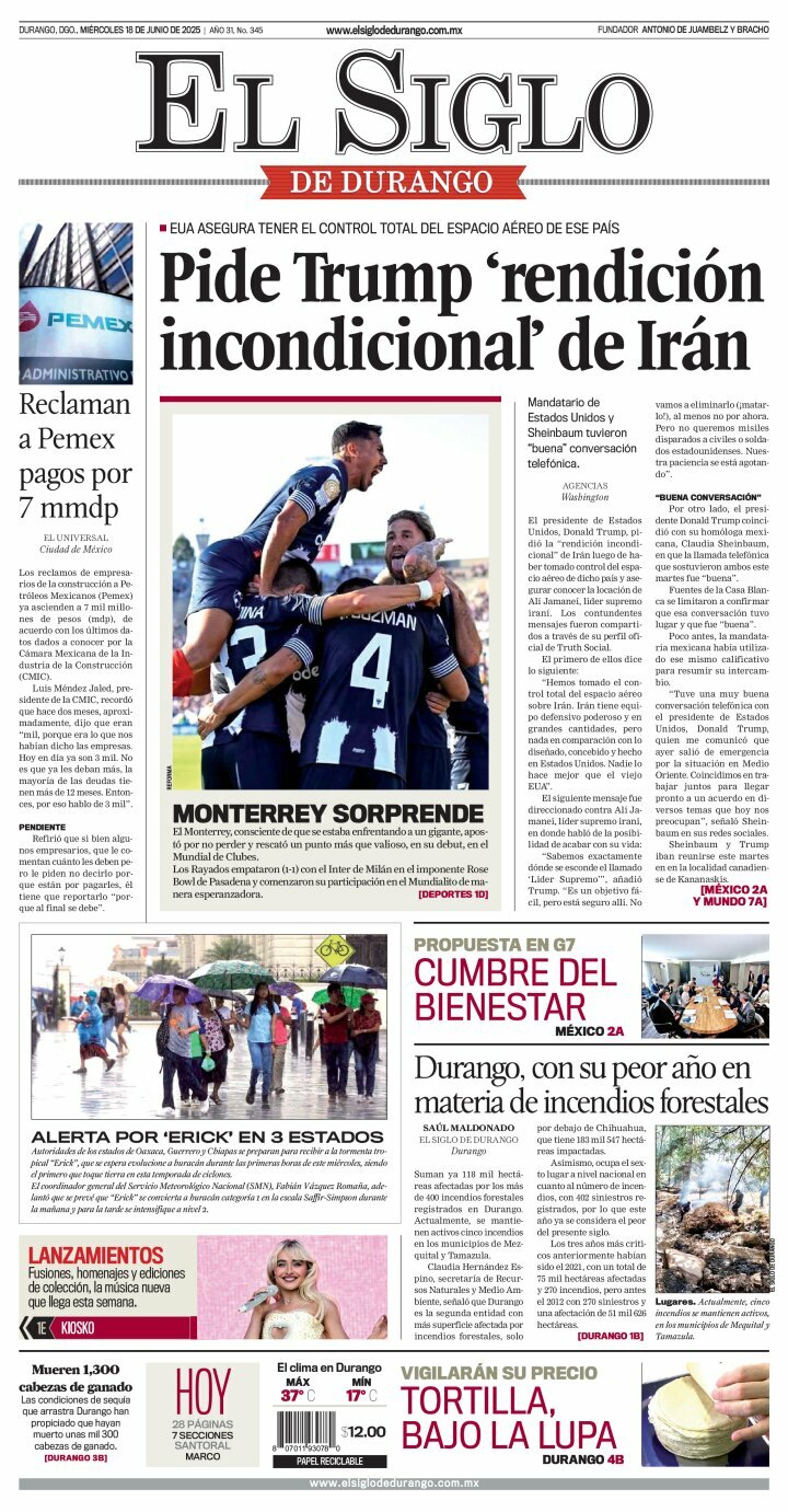 El Siglo de Durango, edición del miércoles 18 de junio de 2025 El Siglo de Durango, edición del miércoles 18 de junio de 2025