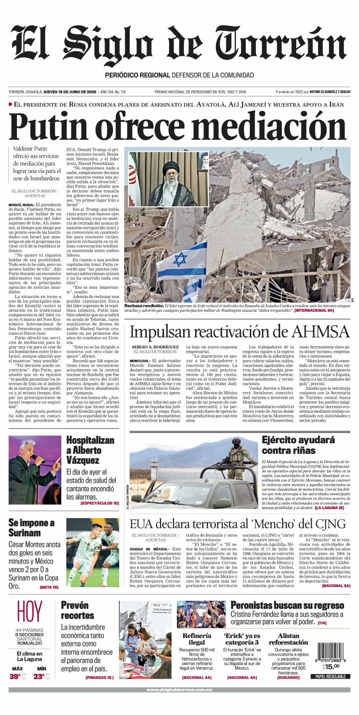 El Siglo de Torreón, edición del jueves 19 de junio de 2025 El Siglo de Torreón, edición del jueves 19 de junio de 2025