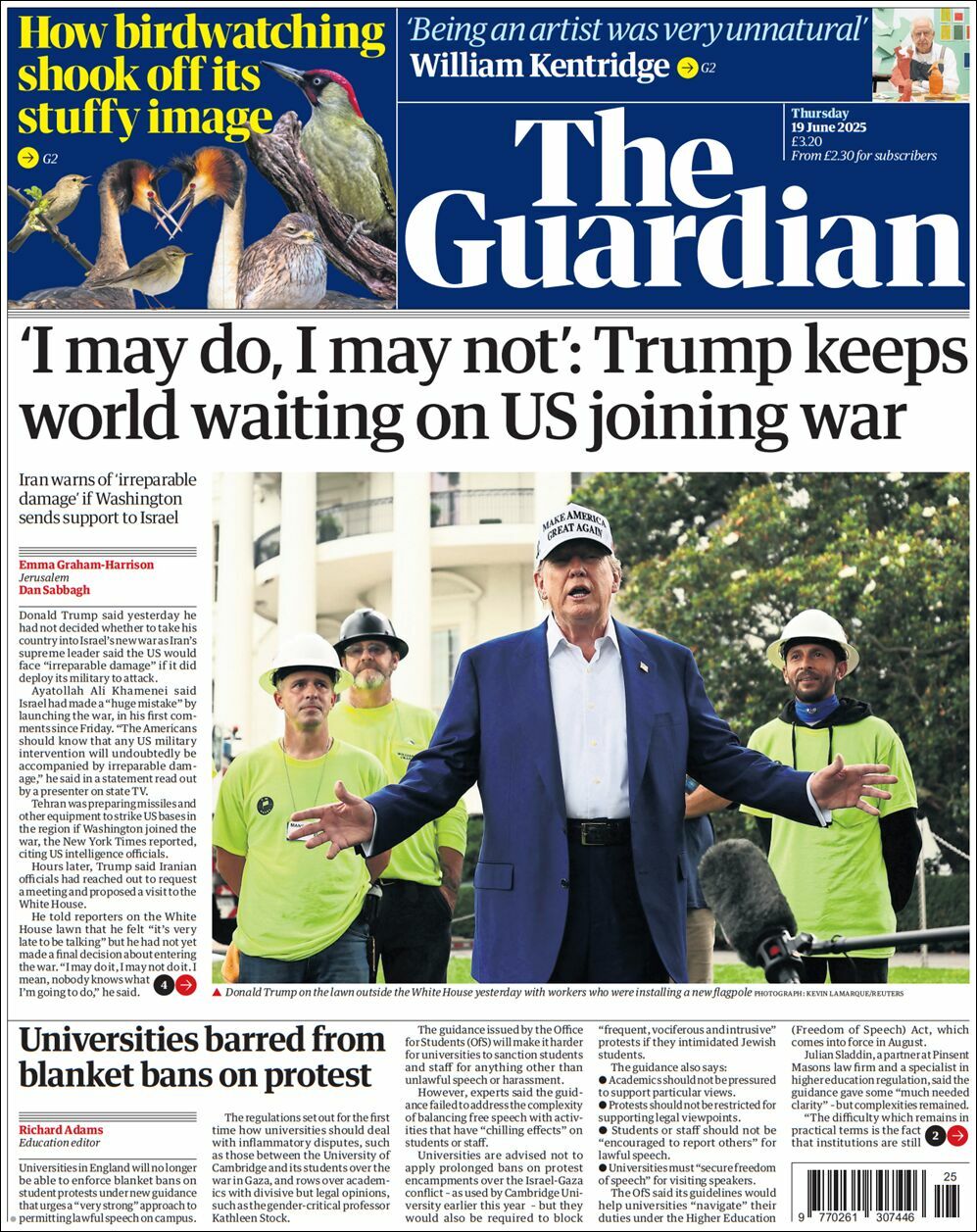 The Guardian, edición del jueves 19 de junio de 2025 The Guardian, edición del jueves 19 de junio de 2025
