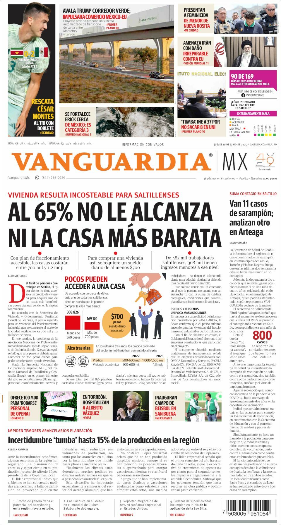 Vanguardia, edición del jueves 19 de junio de 2025 Vanguardia, edición del jueves 19 de junio de 2025