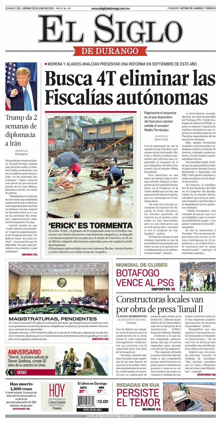 El Siglo de Durango, edición del viernes 20 de junio de 2025 El Siglo de Durango, edición del viernes 20 de junio de 2025