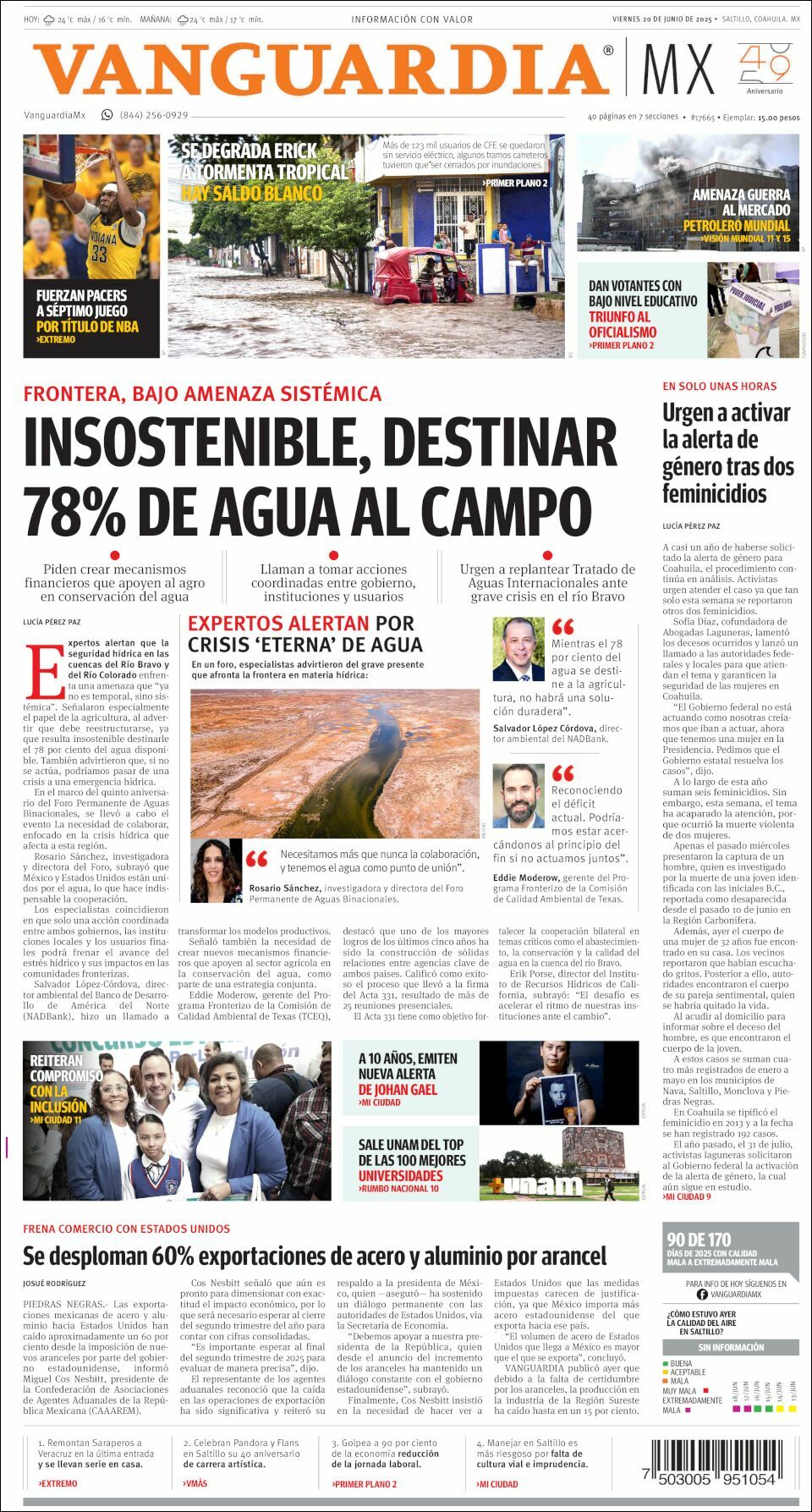 Vanguardia, edición del viernes 20 de junio de 2025 Vanguardia, edición del viernes 20 de junio de 2025