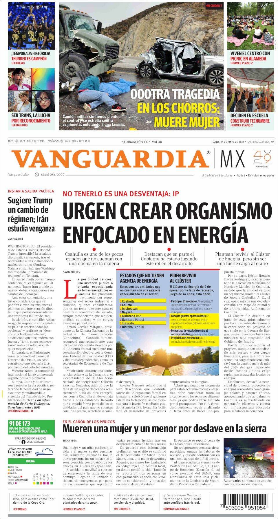 Vanguardia, edición del lunes 23 de junio de 2025 Vanguardia, edición del lunes 23 de junio de 2025
