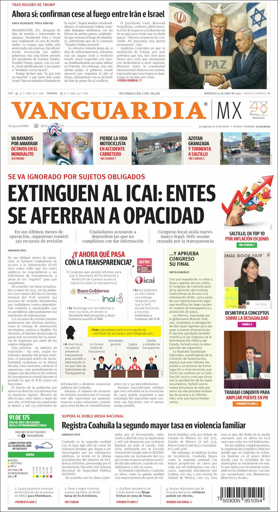 Vanguardia, edición del miércoles 25 de junio de 2025 Vanguardia, edición del miércoles 25 de junio de 2025
