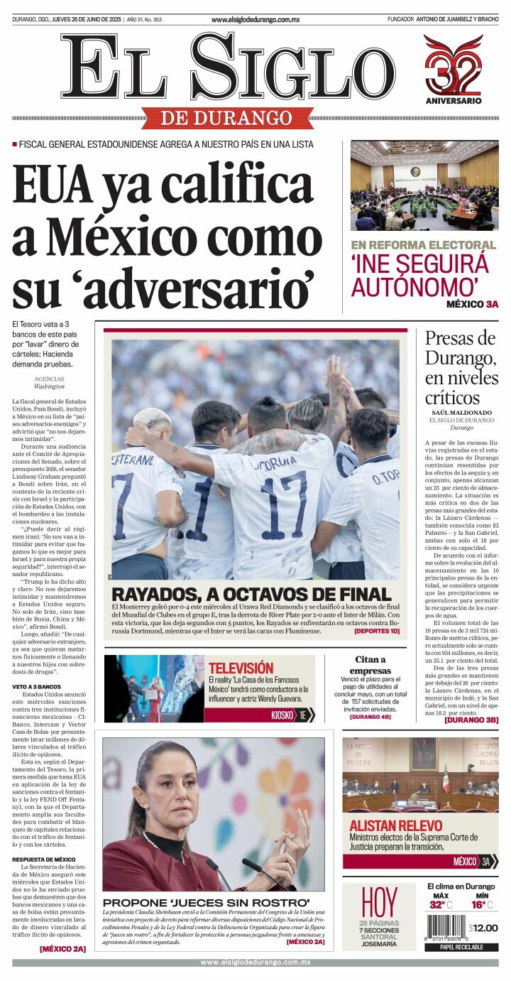 El Siglo de Durango, edición del jueves 26 de junio de 2025 El Siglo de Durango, edición del jueves 26 de junio de 2025