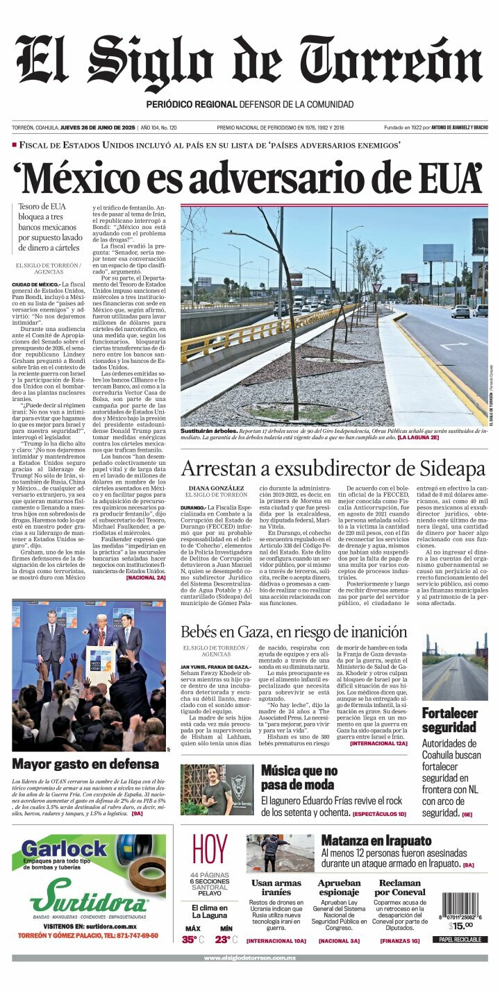 El Siglo de Torreón, edición del jueves 26 de junio de 2025 El Siglo de Torreón, edición del jueves 26 de junio de 2025