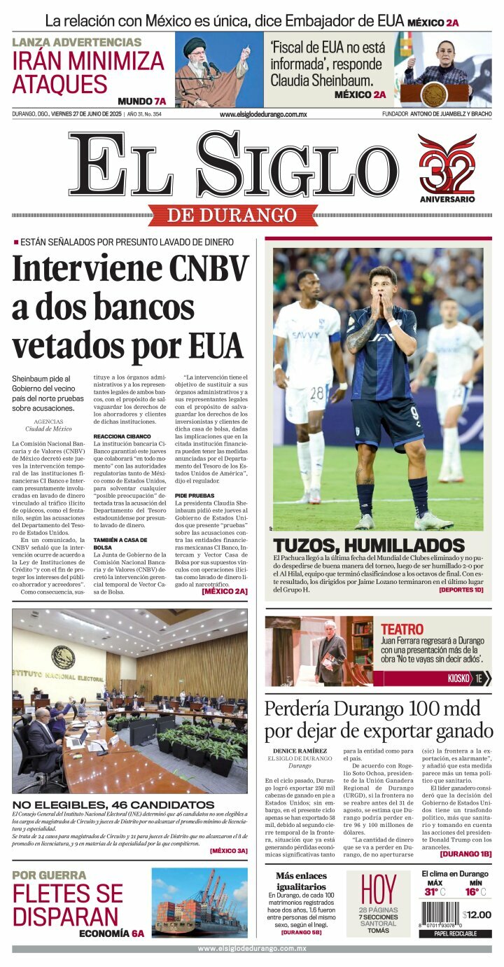 El Siglo de Durango, edición del viernes 27 de junio de 2025 El Siglo de Durango, edición del viernes 27 de junio de 2025