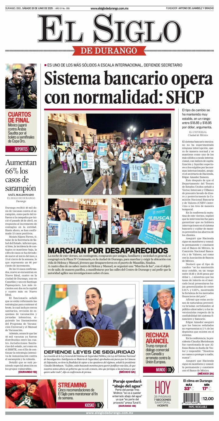El Siglo de Durango, edición del sábado 28 de junio de 2025 El Siglo de Durango, edición del sábado 28 de junio de 2025