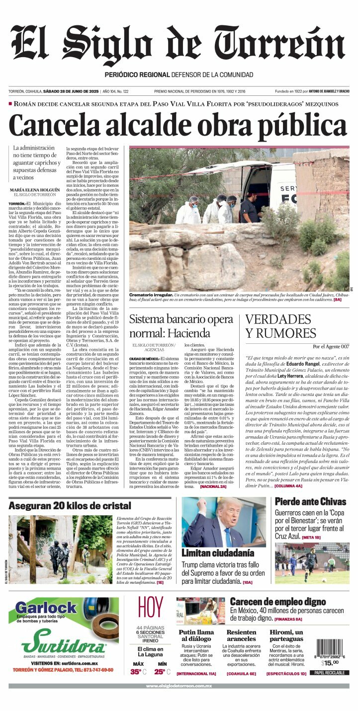 El Siglo de Torreón, edición del sábado 28 de junio de 2025 El Siglo de Torreón, edición del sábado 28 de junio de 2025