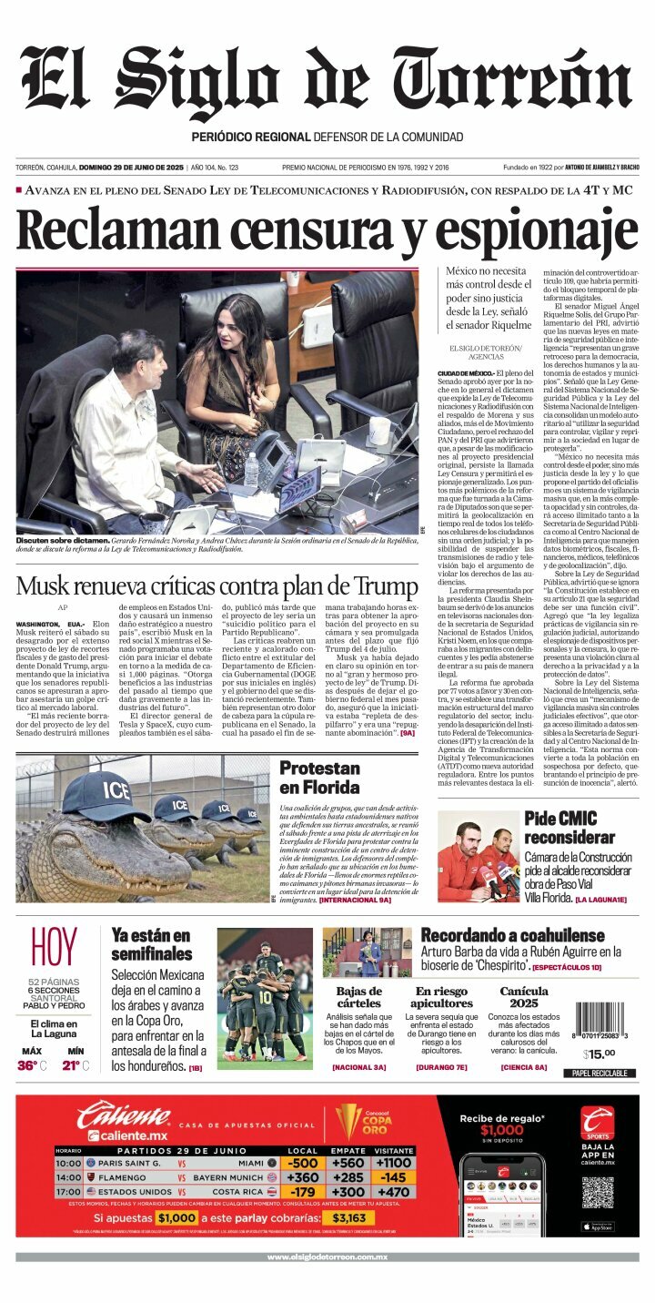 El Siglo de Torreón, edición del domingo 29 de junio de 2025 El Siglo de Torreón, edición del domingo 29 de junio de 2025