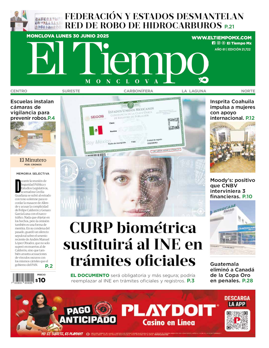 El Tiempo Monclova, edición del lunes 30 de junio de 2025