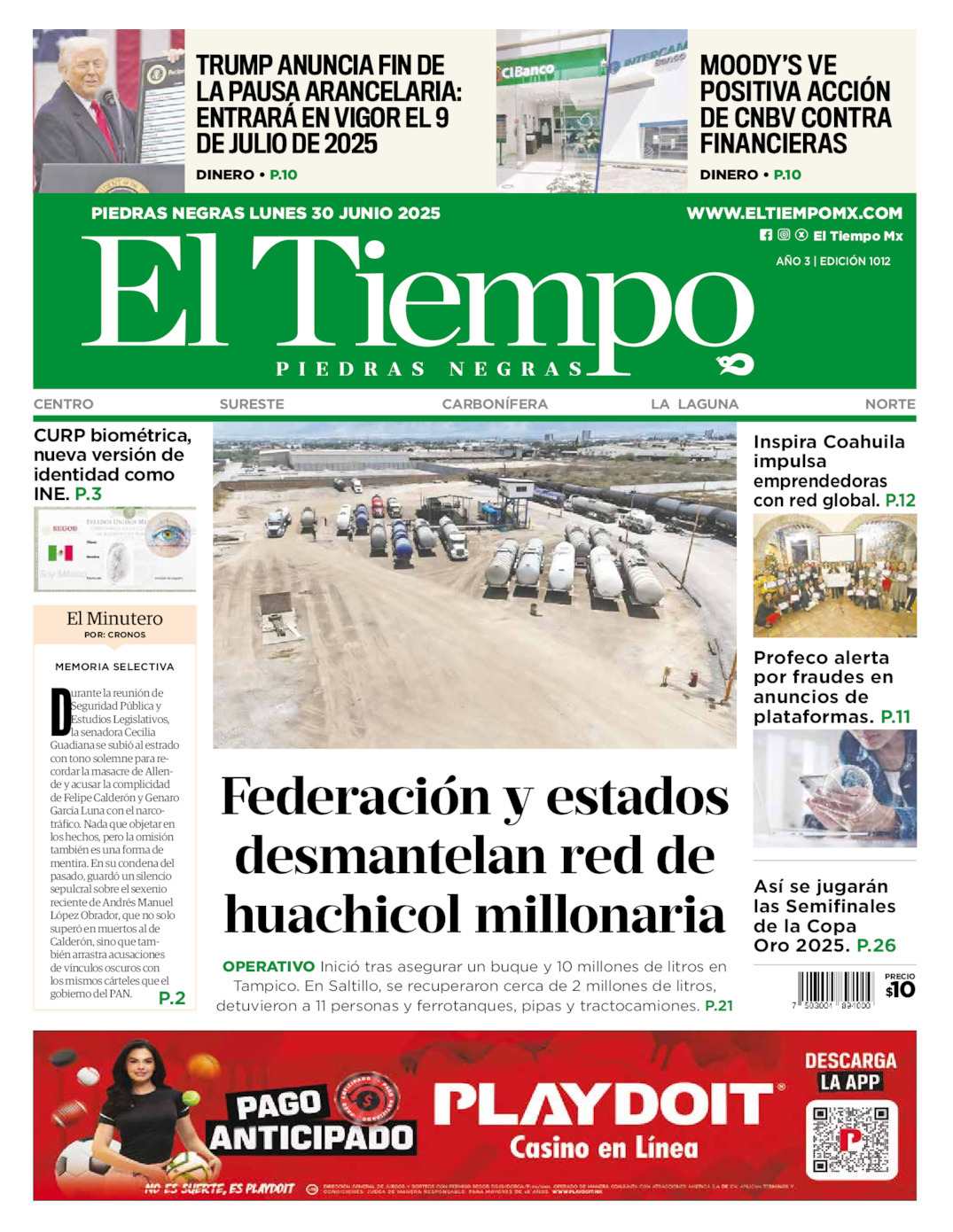 El Tiempo Piedras Negras, edición del lunes 30 de junio de 2025