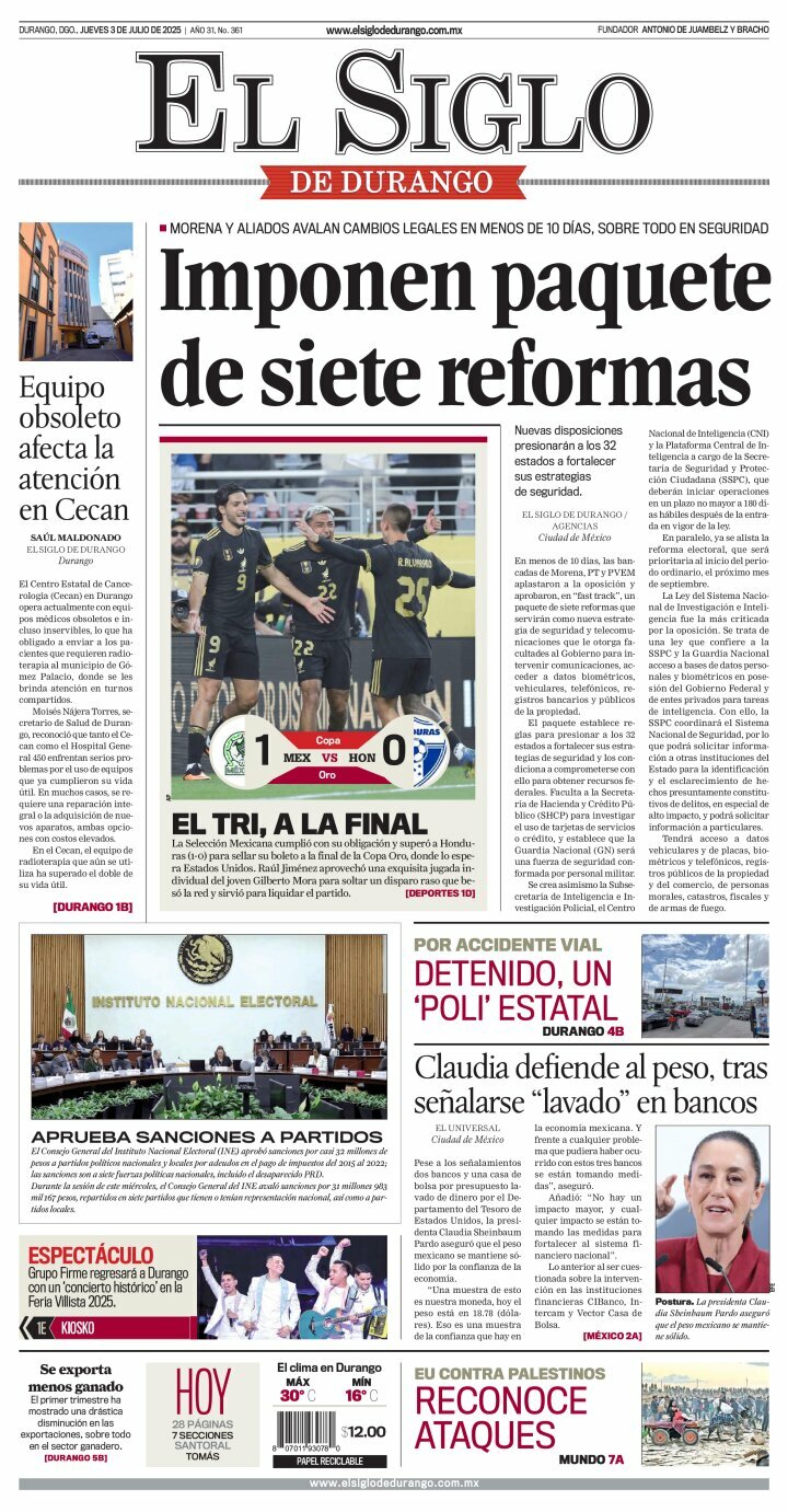 El Siglo de Durango, edición del jueves 03 de julio de 2025 El Siglo de Durango, edición del jueves 03 de julio de 2025