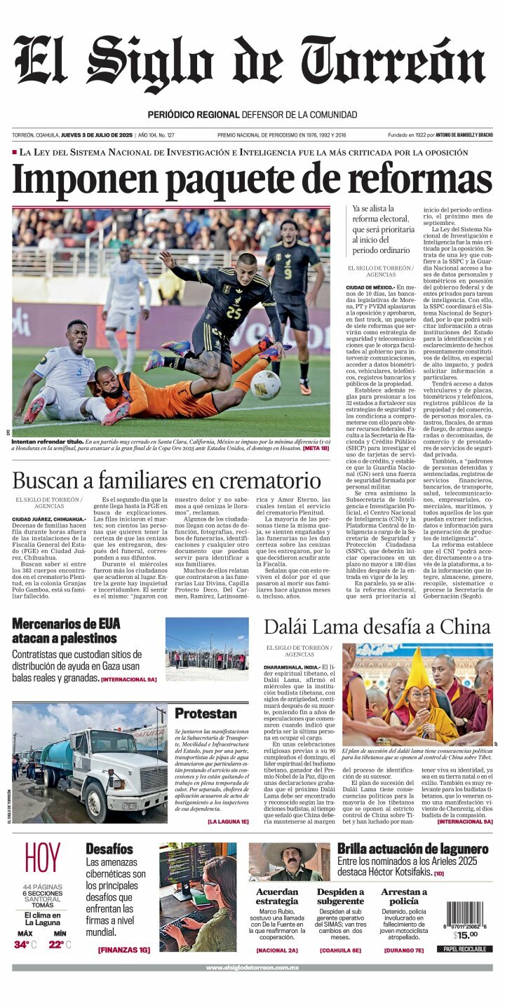 El Siglo de Torreón, edición del jueves 03 de julio de 2025 El Siglo de Torreón, edición del jueves 03 de julio de 2025