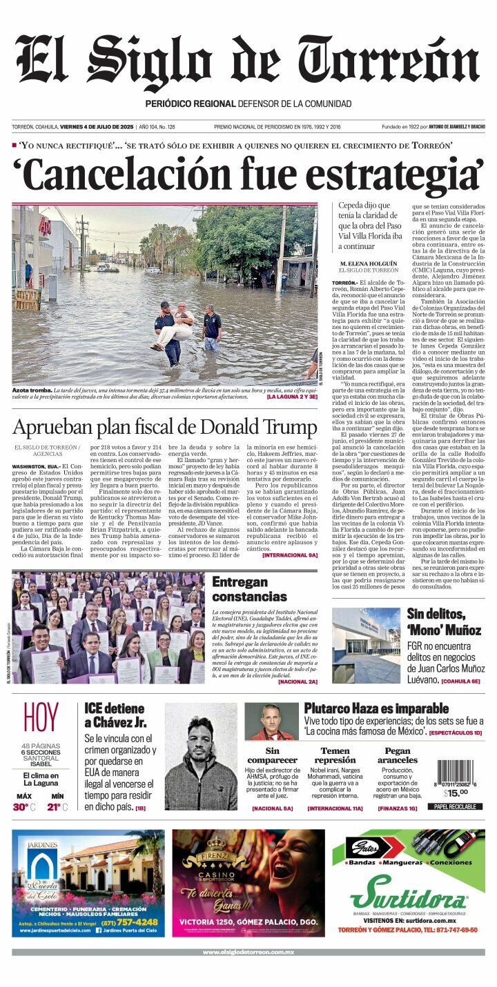 El Siglo de Torreón, edición del viernes 04 de julio de 2025 El Siglo de Torreón, edición del viernes 04 de julio de 2025