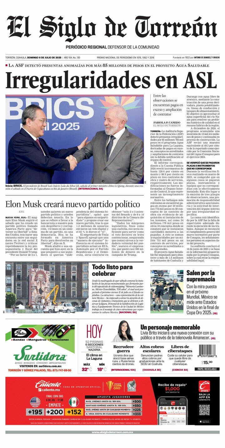 El Siglo de Torreón, edición del domingo 06 de julio de 2025 El Siglo de Torreón, edición del domingo 06 de julio de 2025