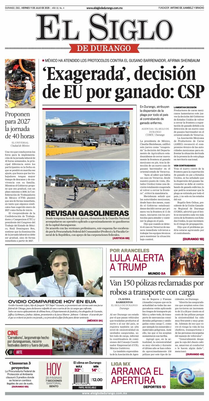El Siglo de Durango, edición del viernes 11 de julio de 2025