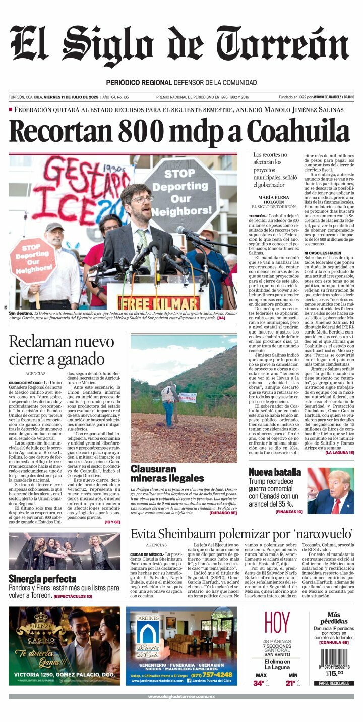 El Siglo de Torreón, edición del viernes 11 de julio de 2025