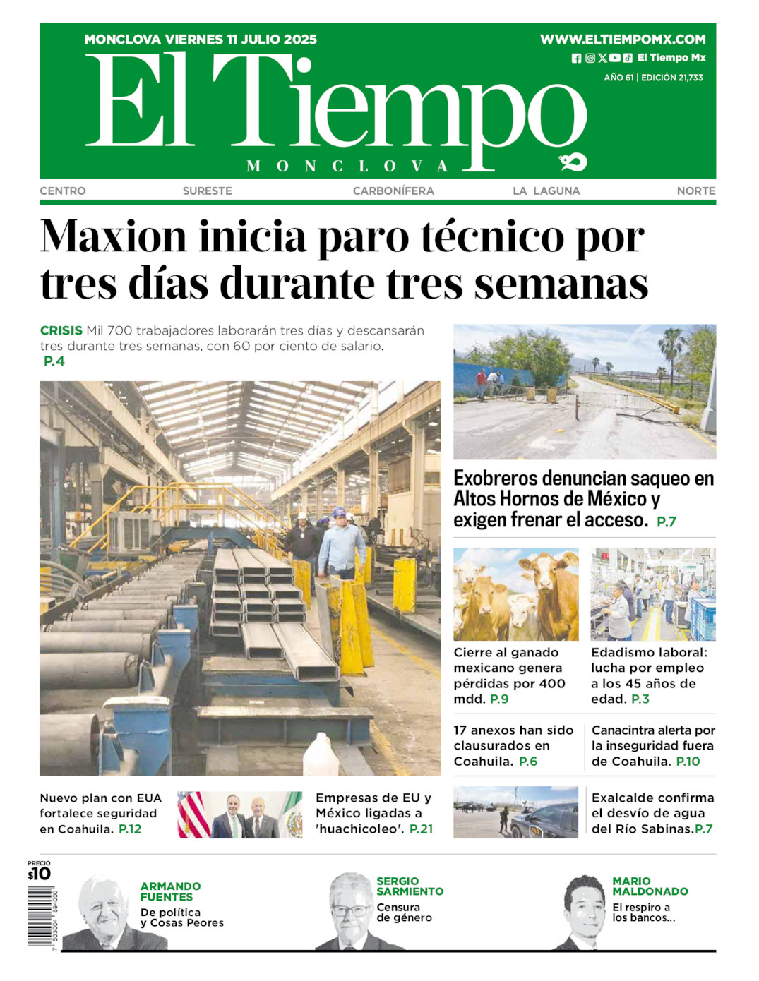 El Tiempo Monclova, edición del viernes 11 de julio de 2025