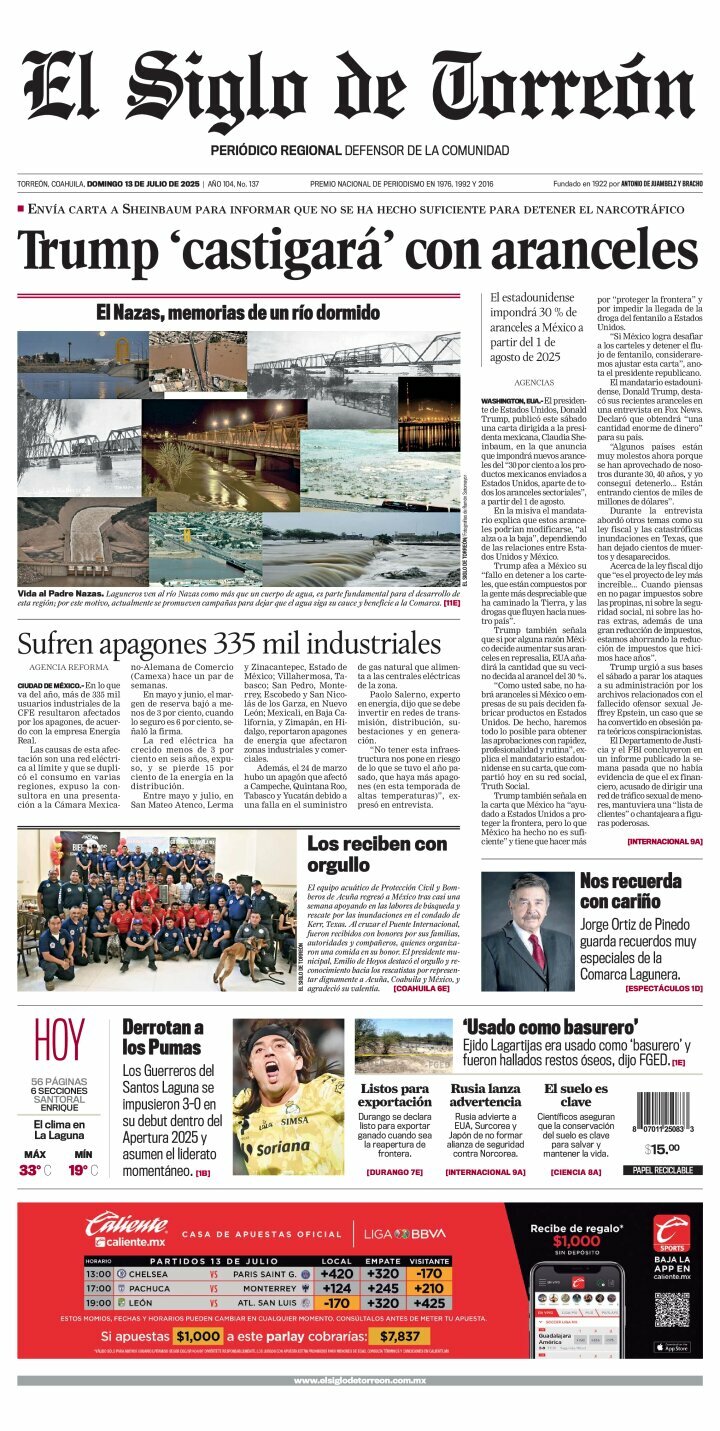 El Siglo de Torreón, edición del domingo 13 de julio de 2025 El Siglo de Torreón, edición del domingo 13 de julio de 2025