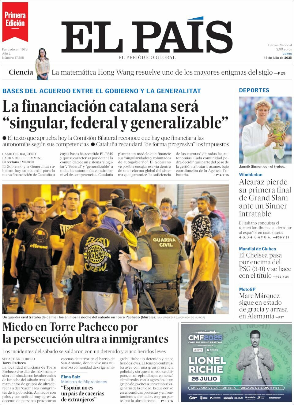 El País, edición del lunes 14 de julio de 2025 El País, edición del lunes 14 de julio de 2025