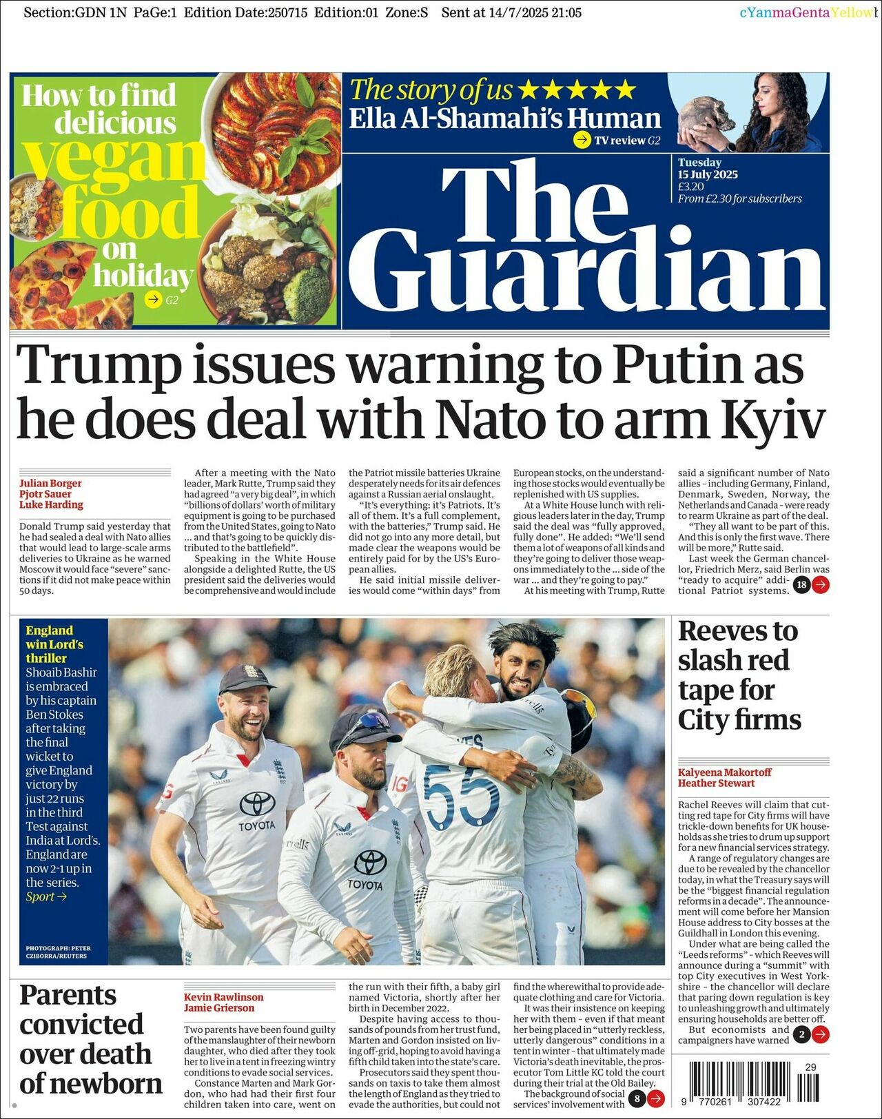 The Guardian, edición del martes 15 de julio de 2025 The Guardian, edición del martes 15 de julio de 2025
