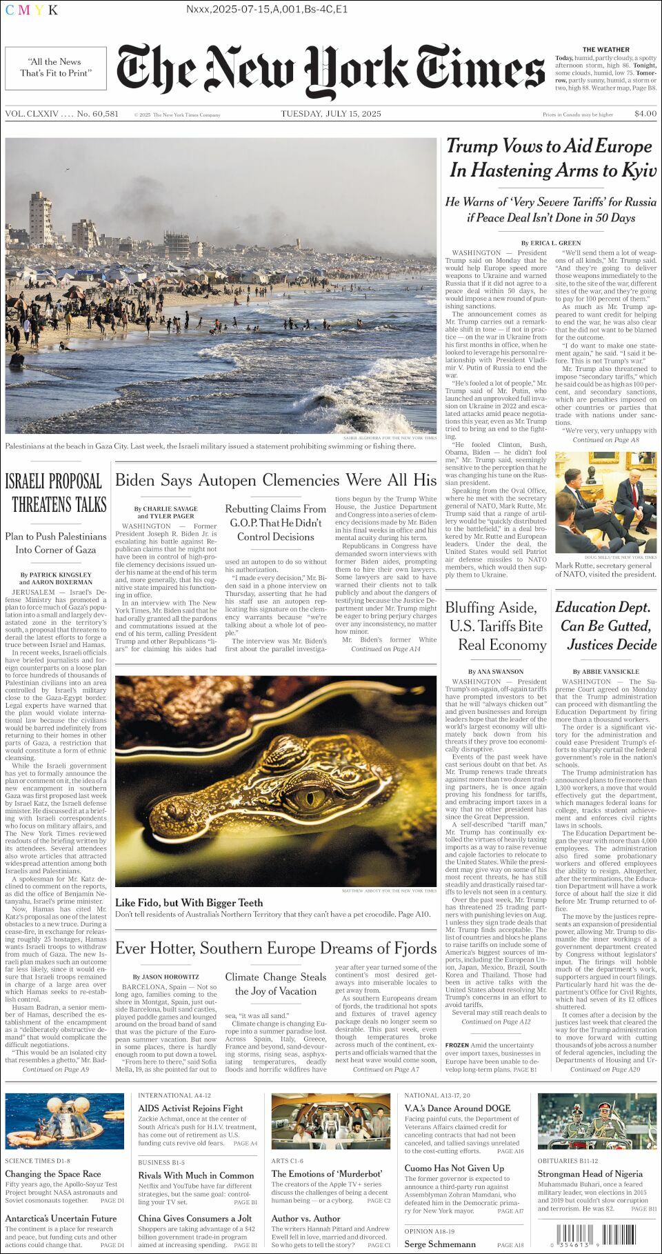The New York Times, edición del martes 15 de julio de 2025 The New York Times, edición del martes 15 de julio de 2025