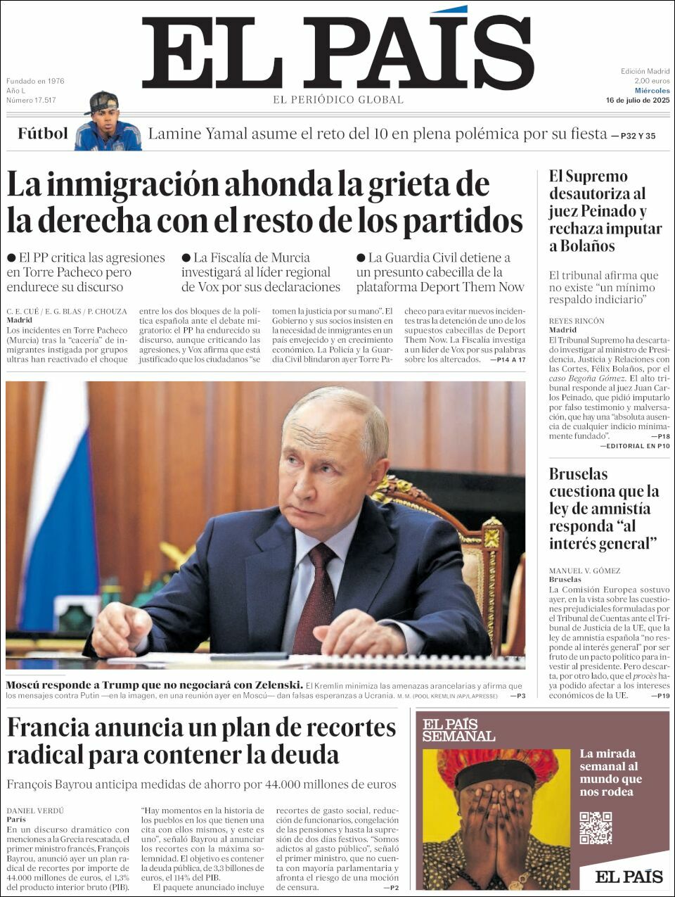 El País, edición del miércoles 16 de julio de 2025 El País, edición del miércoles 16 de julio de 2025