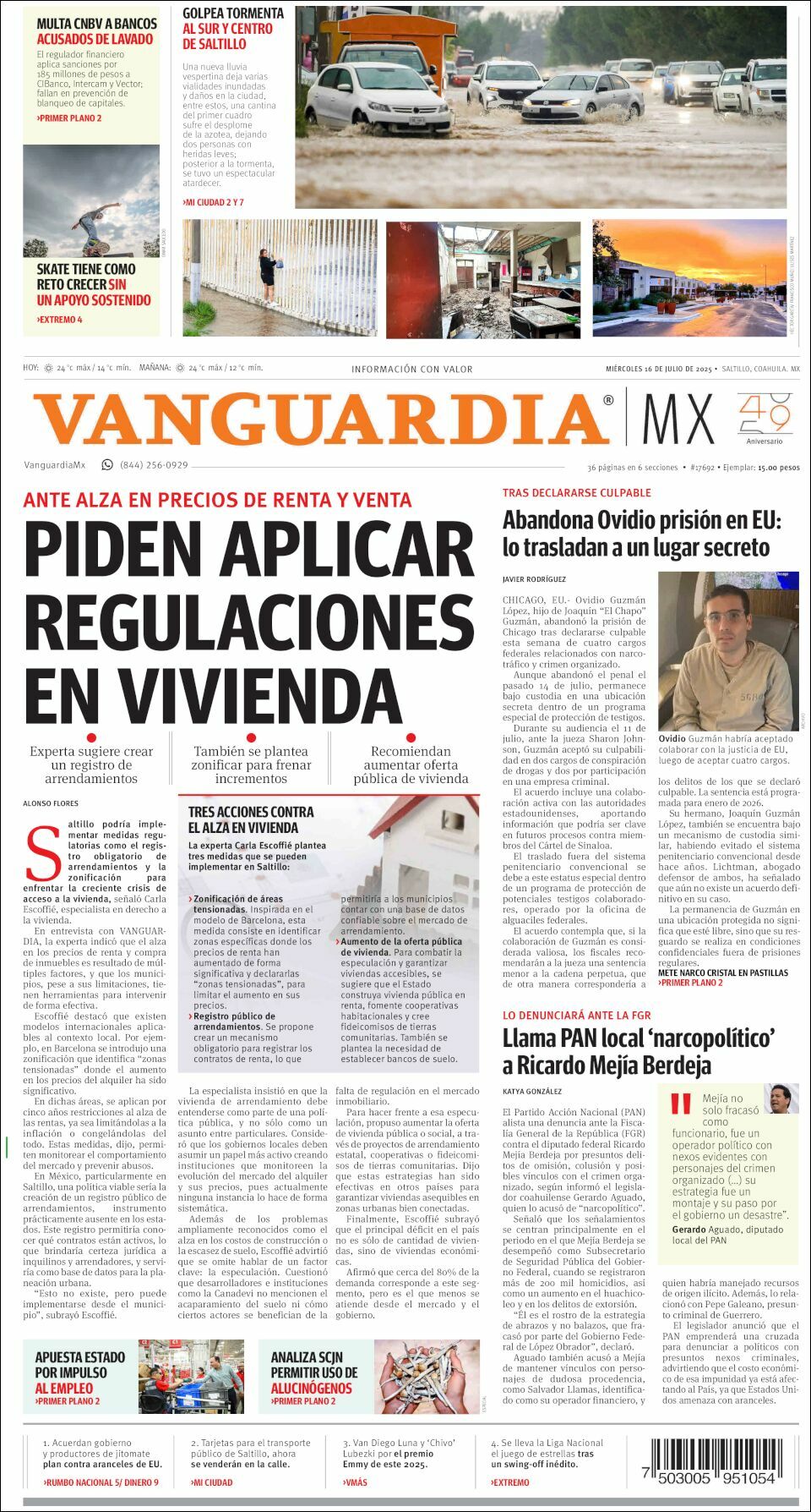Vanguardia, edición del miércoles 16 de julio de 2025 Vanguardia, edición del miércoles 16 de julio de 2025