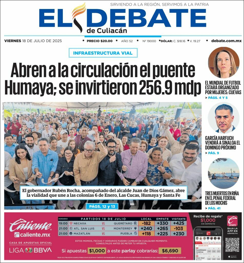 El Debate Culiacán, edición del viernes 18 de julio de 2025