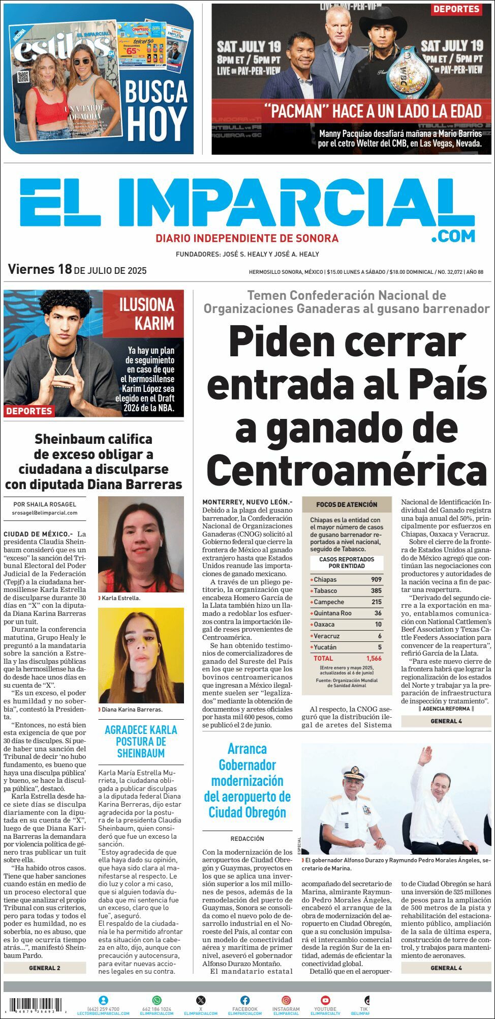 El Imparcial, edición del viernes 18 de julio de 2025