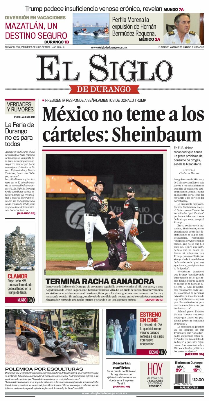 El Siglo de Durango, edición del viernes 18 de julio de 2025