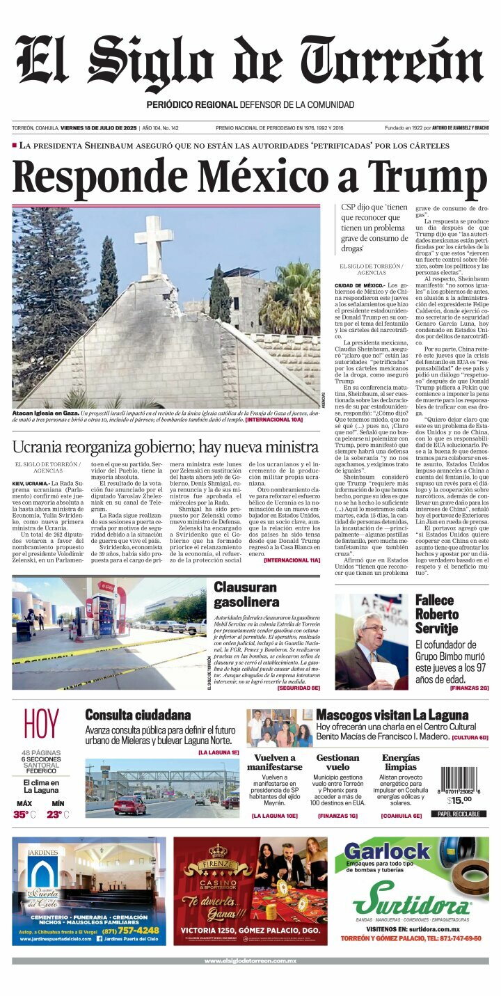 El Siglo de Torreón, edición del viernes 18 de julio de 2025