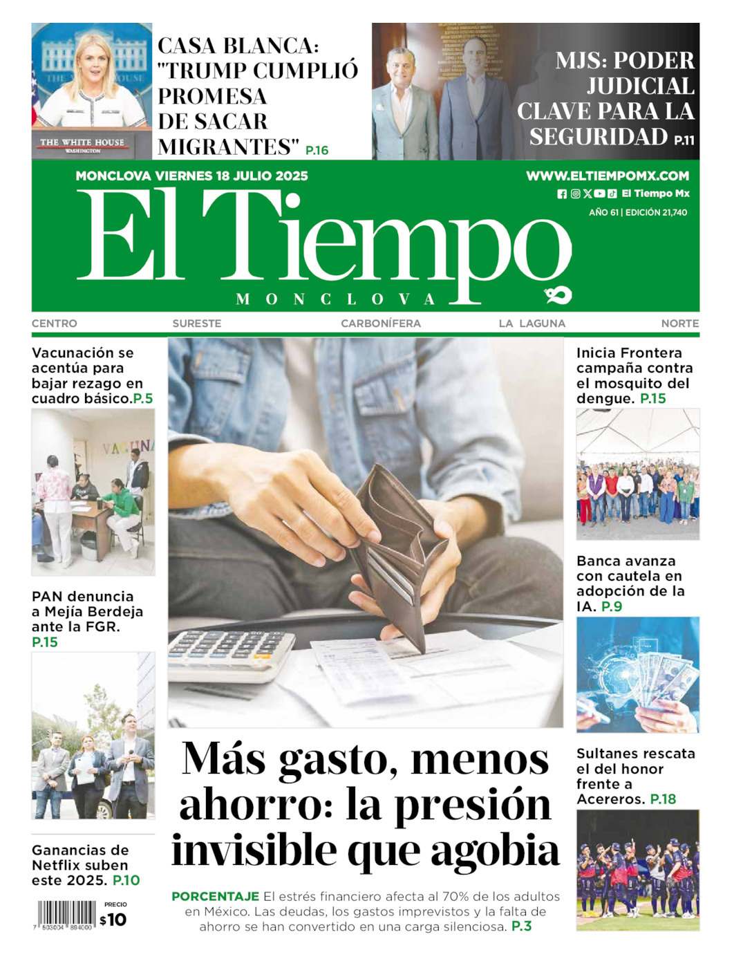 El Tiempo Monclova, edición del viernes 18 de julio de 2025